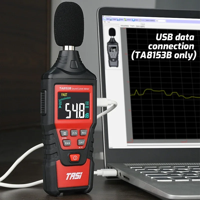 

TASI Digital Sound Level Meter Noise Decibel Measuring Meter LCD Color Screen Range From 30-130dB USB Data Connection TA8153B