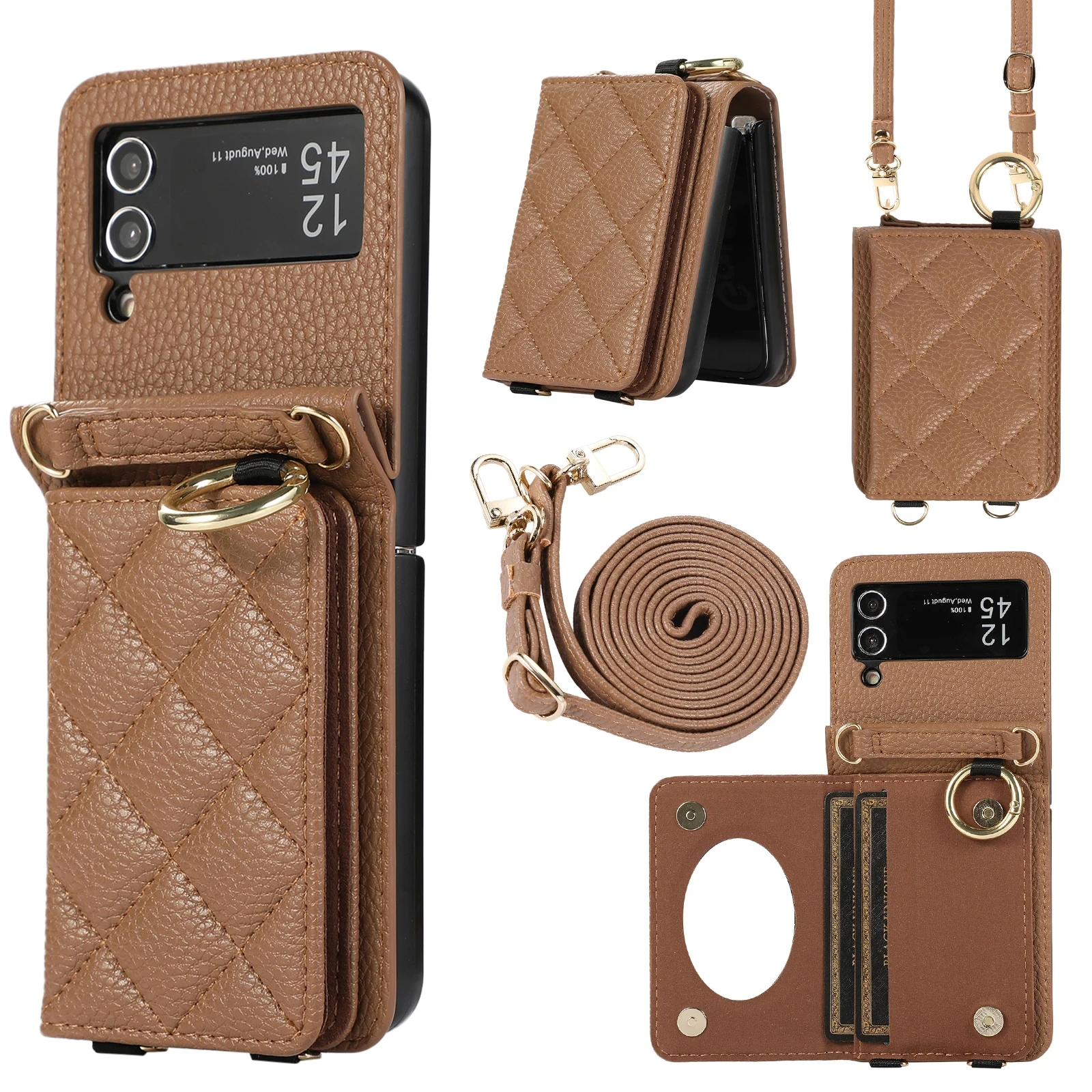 

Crossbody Leather Cards Solt Mirror Wallet Case For Samsung Galaxy Z Flip 4 5 3 5G Ring Holder Long Lanyard Flip5 Pouch Cover