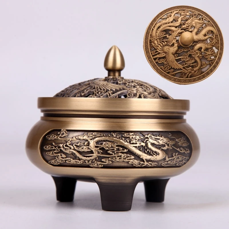 Retro Three Legged Carving Incense Burner Pure Copper Household Nostalgic Indoor Purification Sandalwood Aromatherapy Burner