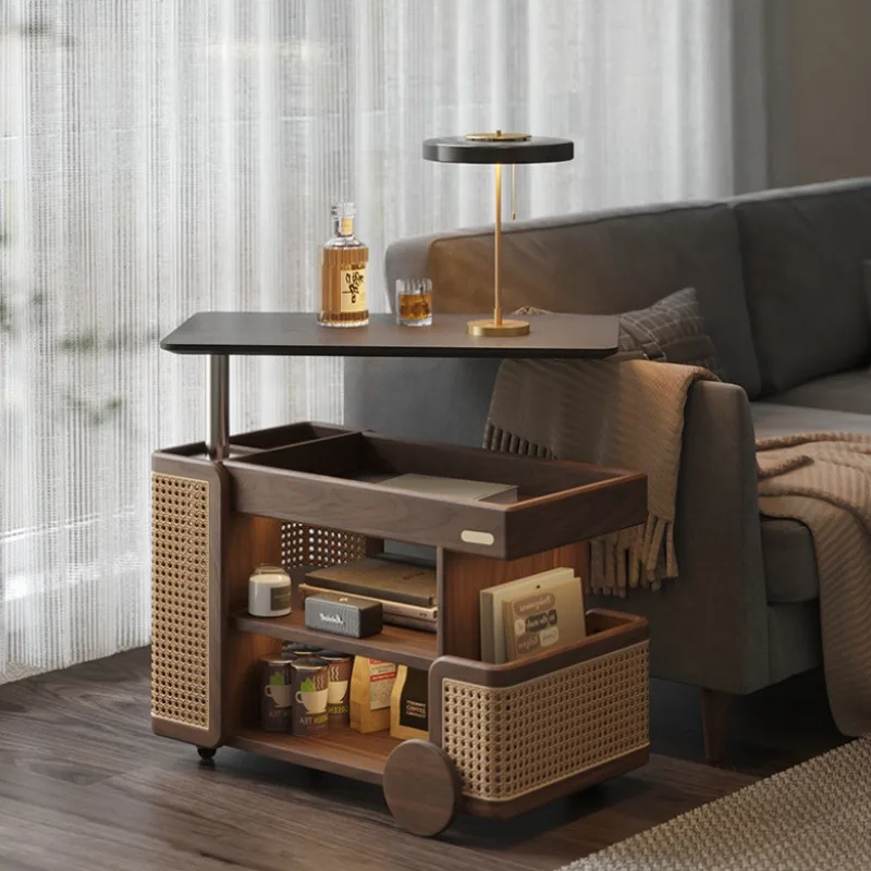 

Solid wood lifting coffee table movable trolley bus side few black walnut home rotating living room sofa side cabinet