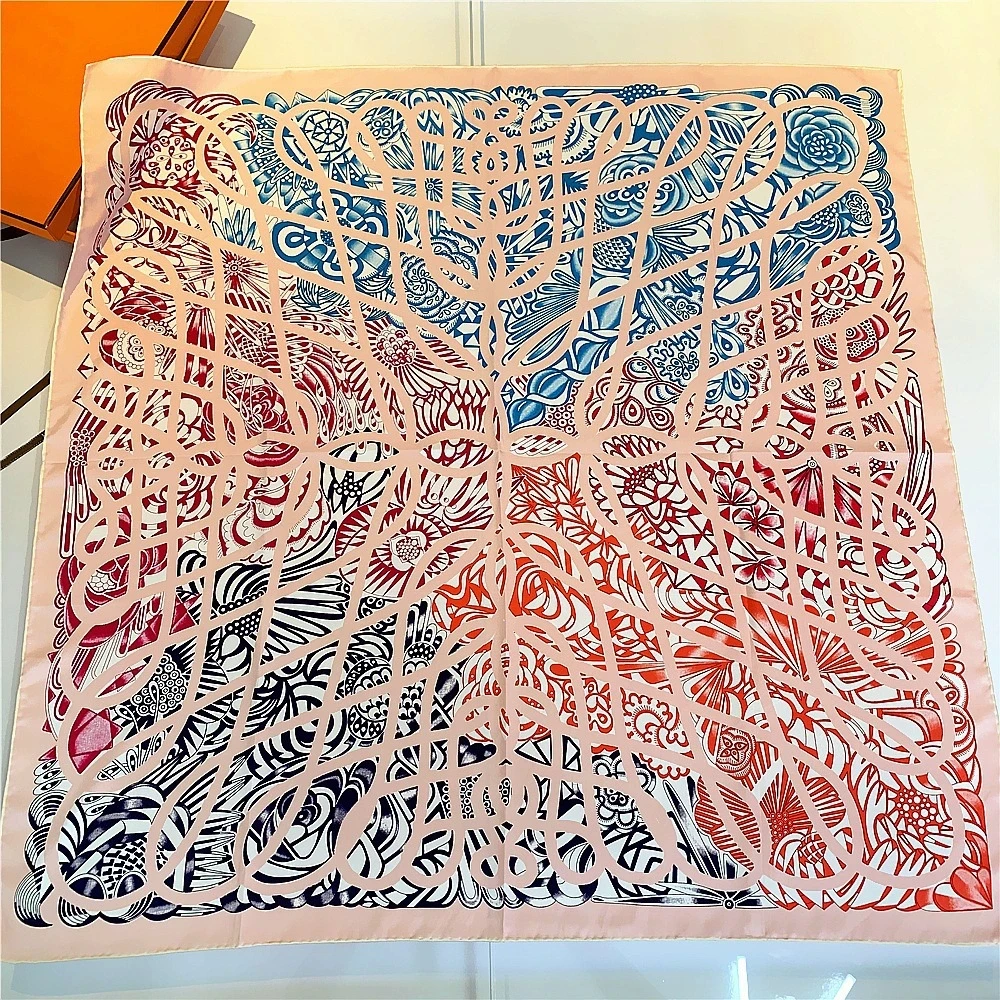

90cm Geometric Wave Pattern Square Shawl Twill Silk Scarf Women Luxury Brand Hijab Bandana Hand-rolled Edge FoulardsHead Scarves