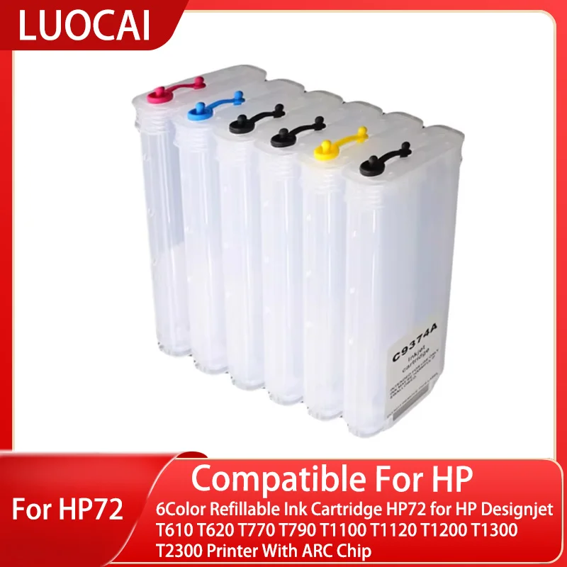 6Color Refillable Ink Cartridge HP72 for HP Designjet T610 T620 T770 T790 T1100 T1120 T1200 T1300 T2300 Printer With ARC Chip