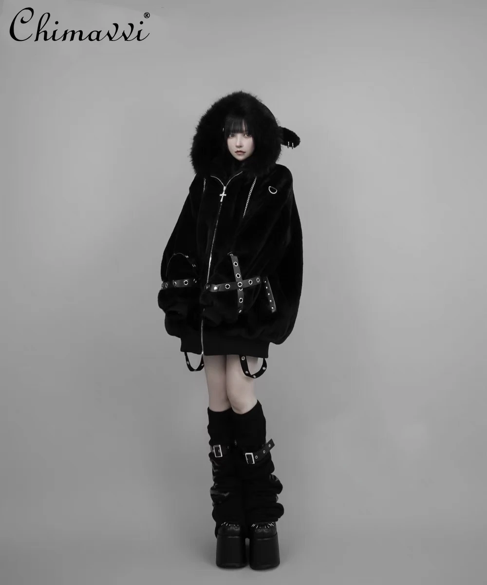 Harajuku Mine Series Sweet Cool Wool Coat Women Winter New Japanese Subculture Punk Lamb Ears Cute Loose Warm Hooded Plush Coat