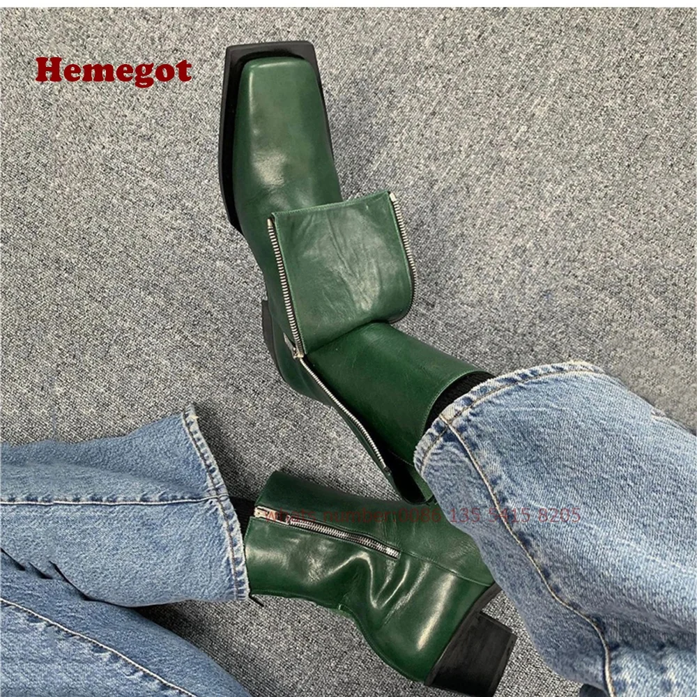 

Green Side Zipper Ankle Boots Square Toe Chunky Heels Women's Boots Casual 2024 Winter Autumn Leather Runway Shoes Sexy Luxury