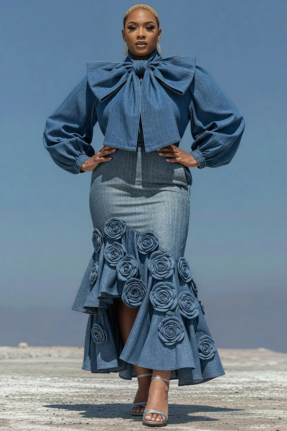 

Plus Size Cocktail Party Blue Puff Sleeve Long Sleeve Bodycon Elegant Bow Tie Denim Two Piece Skirt Sets