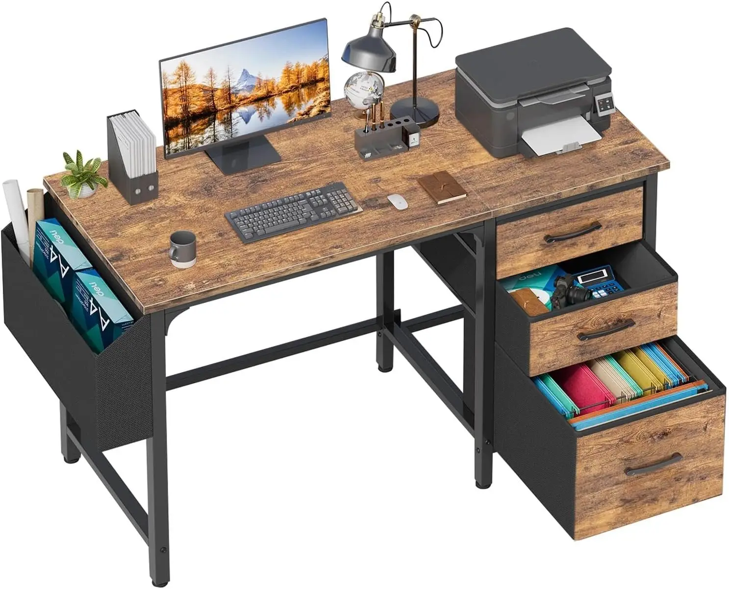 Computer Desk with File Drawers Cabinet, 47 Inch Reversible Home Office Desks with Fabric Filing Cabinet for Small Space, Study