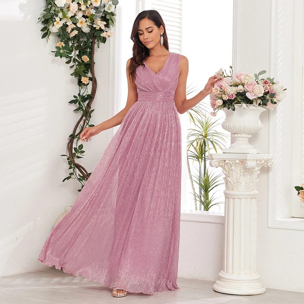 ICCLEK Maxi Sleeveless Flared V-Neck Long Dresses Soft Sparkling Ball Gown In Dusky Rose Bridesmaid Dress For Wedding Party Vest