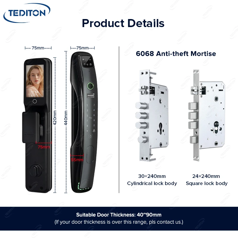 004 Tediton Waterproof Outdoor Automatic Electric Wi-fi CameraTuya Fingerprint Digital Tuya 3d Face Recognition Smart Door Lock