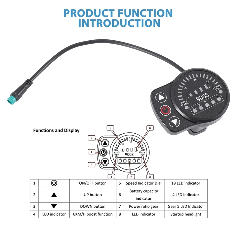 KT-900S E-Bike LED Display Meter Waterproof Connector Display Code Table Universal 24V/36V/48V Electric Bike Intelligent Control