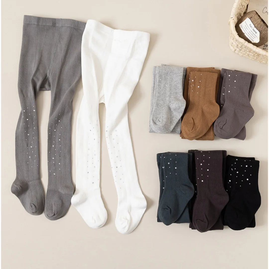 2026 Autumn Girls Tights Solid Color Rhinestone Vertical Ribbed Kids Leggings Sweet Style Soft Stretchy Children Leggings