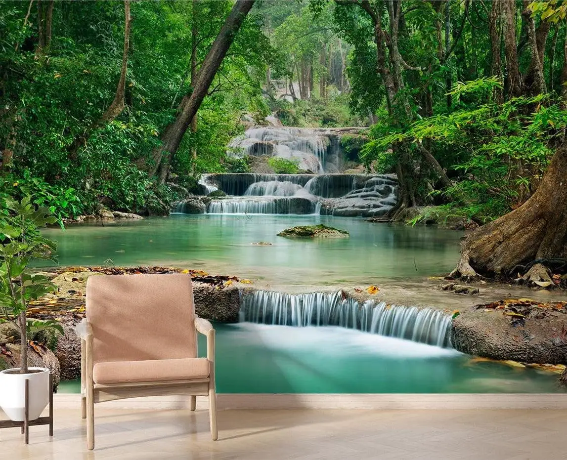 Customized Wallpaper HD Forest River Waterfall deer Backdrop Decoration Painting Room  TV Background Mural papel de parede