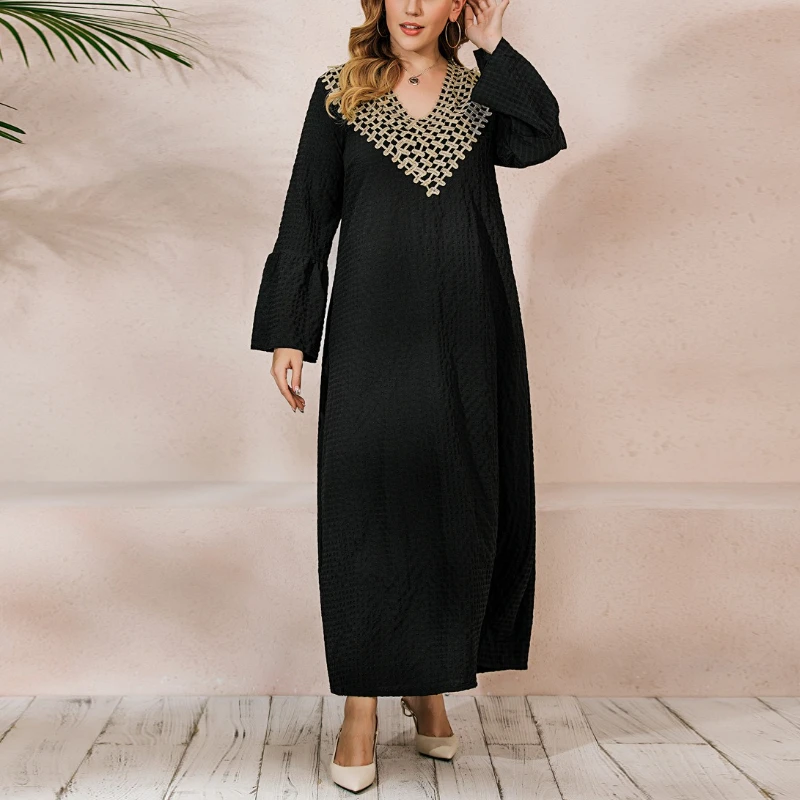 

Tinaa Spliced Embroidery Plus Size Dresses Spring Autumn 2025 Flare Sleeve V Neck Fashion Elegant Dress Female Women Clothing