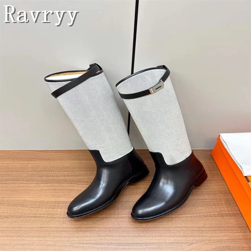 

Fashion Design Metal Lock Buckle Women's Boots Round Toe Slip On Black White Knee-High Warm Shoes Winter Flat Heel Knight Boots