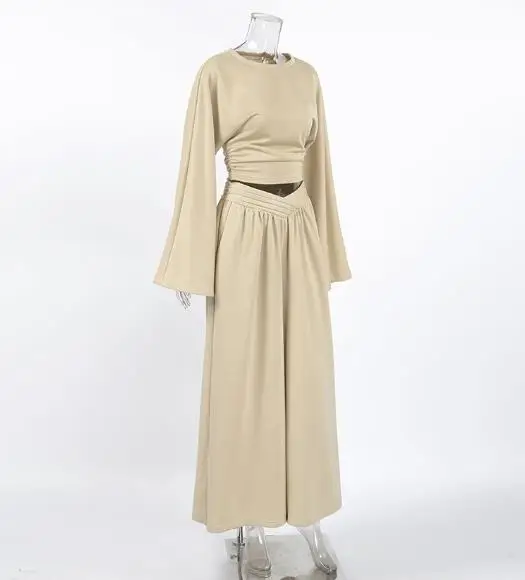 

2026 New Khaki Women's Suit Set - Tie-waist bell-sleeve top paired with wide-leg pants, a casual and stylish 2-piece set