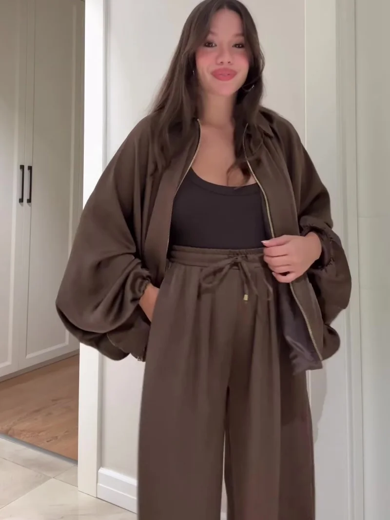 

Fashion 2 Piece Sets Women Outfit Autumn Clothing Women Batwing Sleeve Coat Top Wide Leg Pant Suits OL Style Elegant Woman Sets