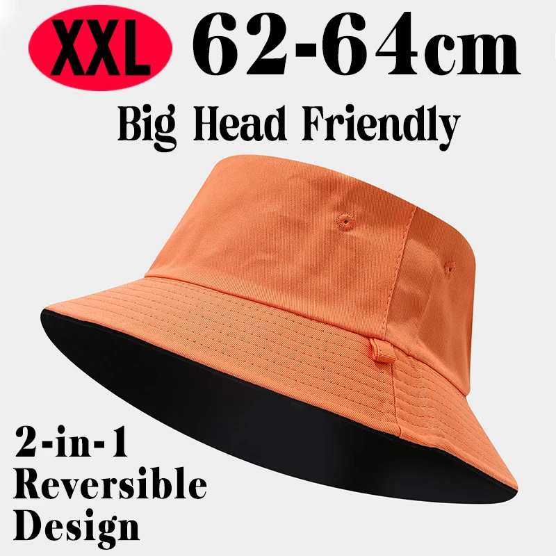 XXL Big Head Bucket Hat 62-64cm Men Reversible Fisherman Cap Detachable Windproof Cord Large Size Sun Hat Two-Sided Wear Bob Hat