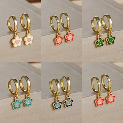2PCS Stainless Steel Hoop Earrings for Women Girls Colorful Enamel Flowers Pendant Small Huggie Earring Piercing Jewelry Aretes