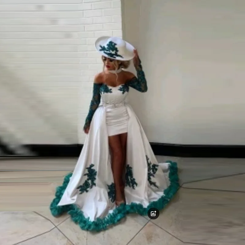 

New Design Prom Dresses with Lace Appliques Party Dress Off Shoulder Long Detachable Overskirt Party Gowns Full Sleeves