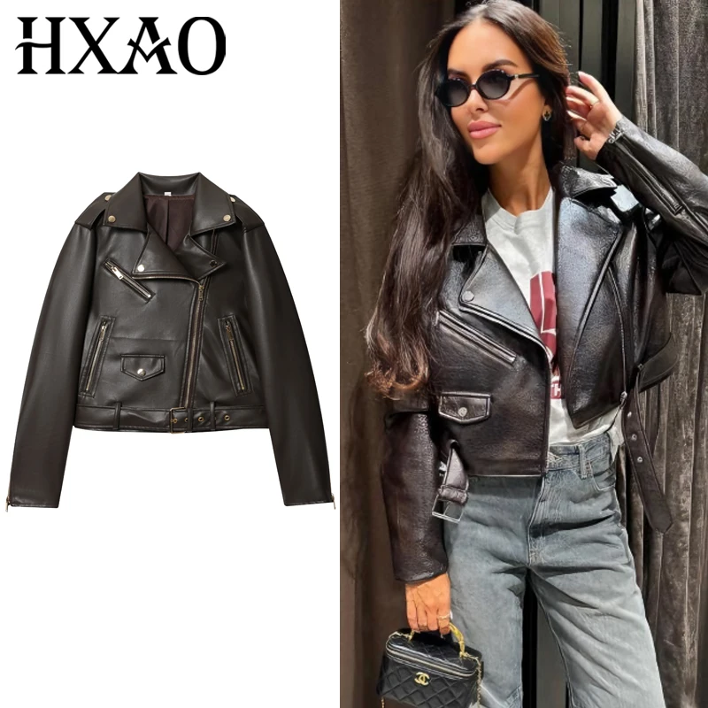 

HXAO Женская кожаная куртка Осень 2025 Коричневые укороченные топы на молнии с длинными рукавами Верхняя одежда Новые пальто и куртки Модные куртки