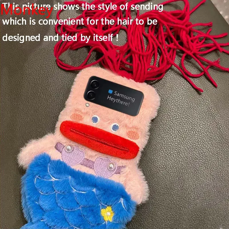 3D Cute Plush Mermaid Girls Gift Phone Case For Samsung Galaxy Z Flip 3 4 5 6 Case 1 2 Flip5 flip3 Winter Fluffy Hair Hard Cover