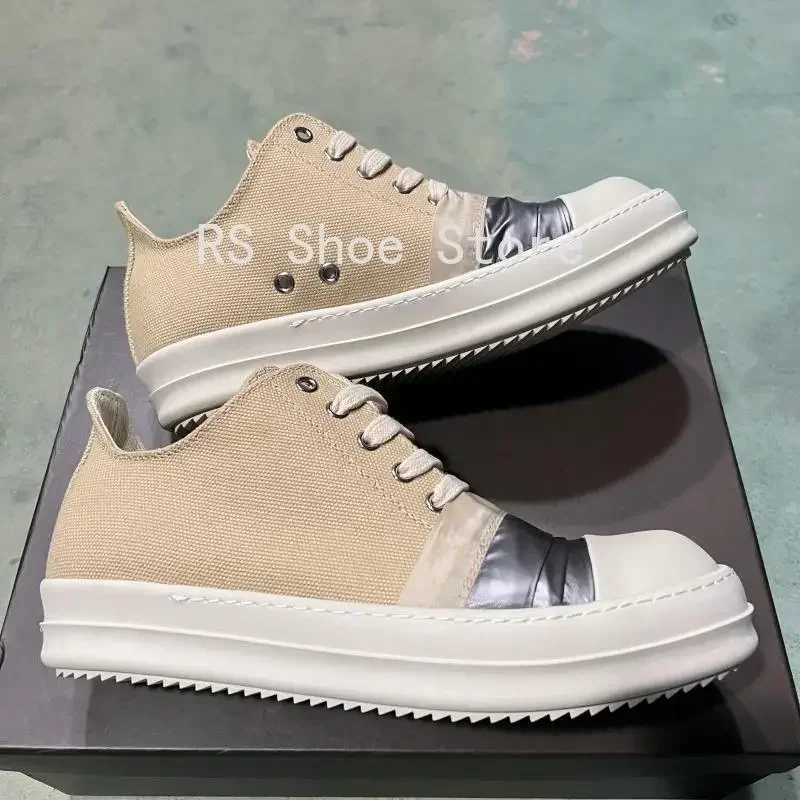 

Ro Classic Men Casual Shoes Khaki Canvas Silver Pleated Low Top Shoe Sneaker Thick Sole Lace Up Luxury Women Sneakers