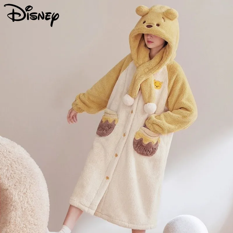 Disney Winnie The Pooh Coral Velvet Nightrobe Women\'s Winter Mid Long Thick Sleeprobe Korean Style Niche Design New Home Clothes