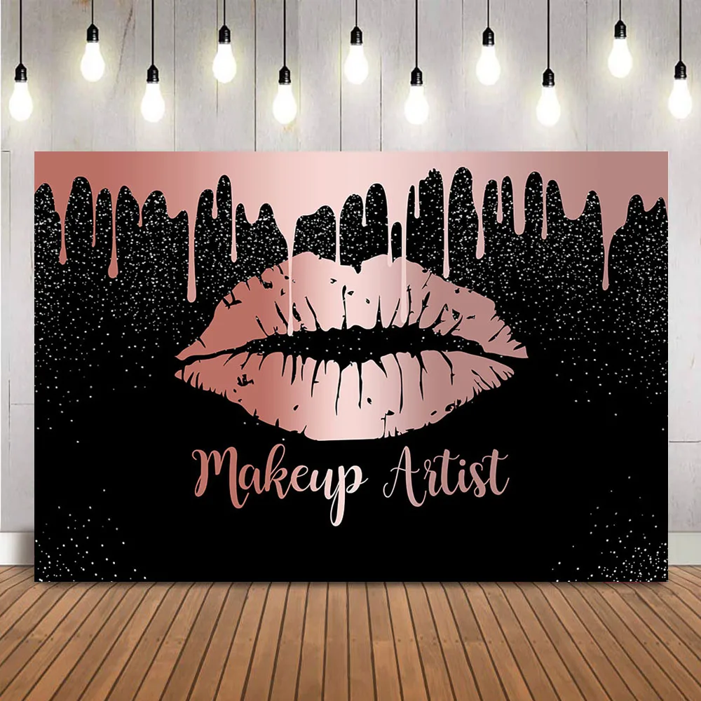 

Makeup Artist Backdrop for Photography Pink Rose Gold Flaming Lips Photo Booth Background Black Banner Make Up Decoration Props