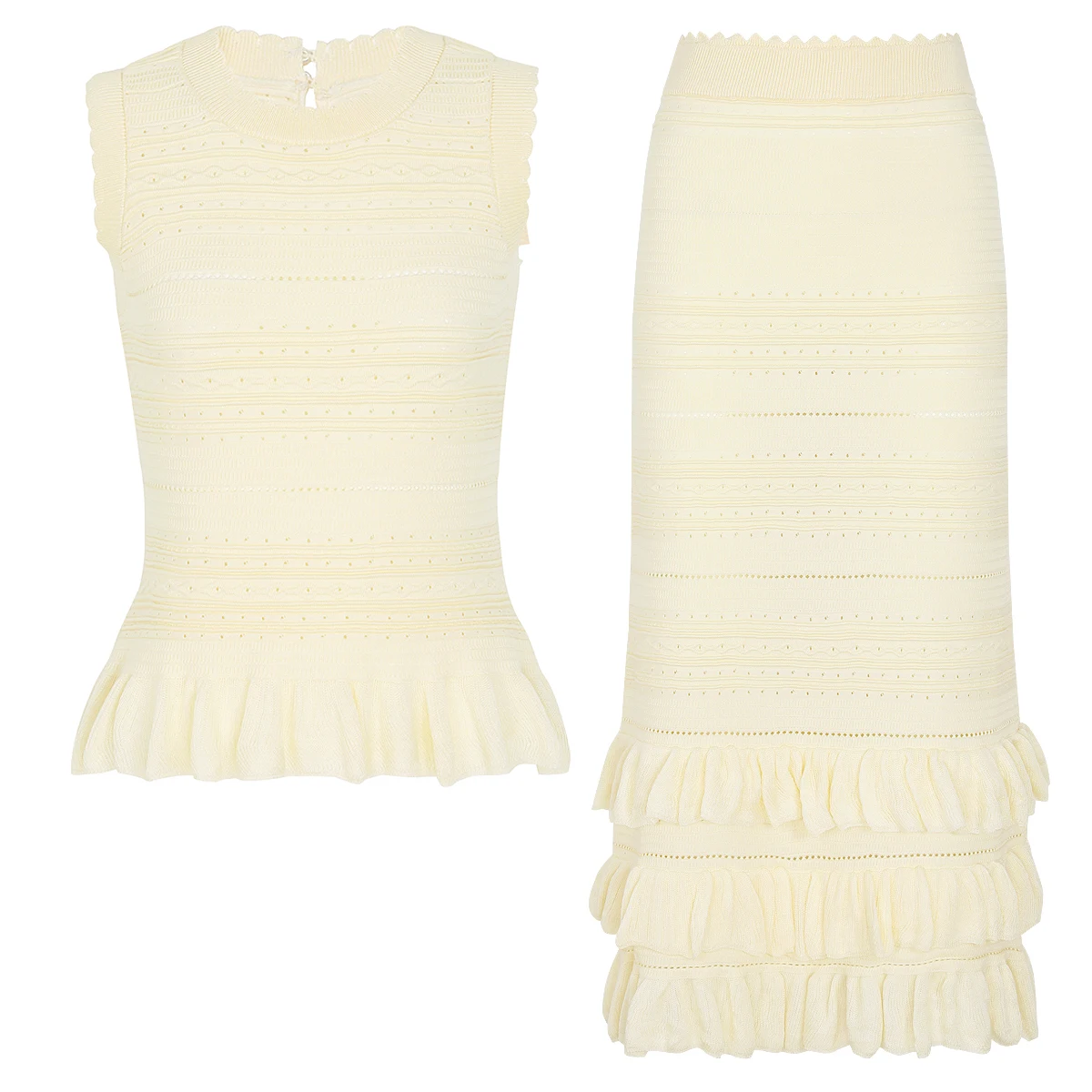 

26161 Women 2 Piece Set Lace Sleeveless Knitted Tank Top Hip Wrapping Half Skirt High Quality New Summer Autumn Outfit