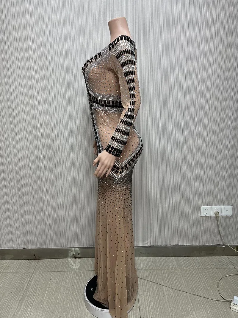 Customized Sexy Lace Sleeveless Transparent Diamond Sequins Water Diamond Wrap Hip Dress Long Dress Performance Dress PartyDress