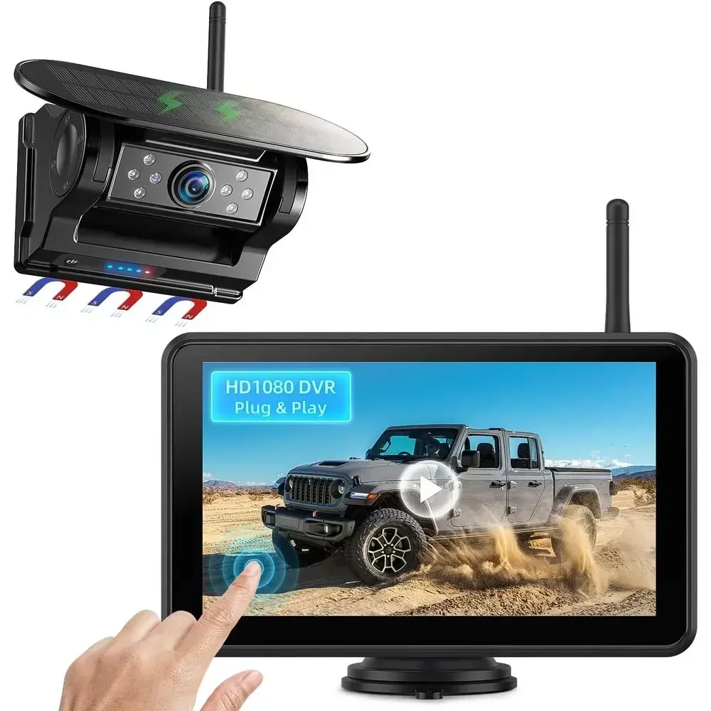 

Magnetic Solar Wireless Backup Camera: HD1080P 7” Touchscreen Portable with DVR, BSD, 1-Min Install-Free IR Night Vision Hitch B
