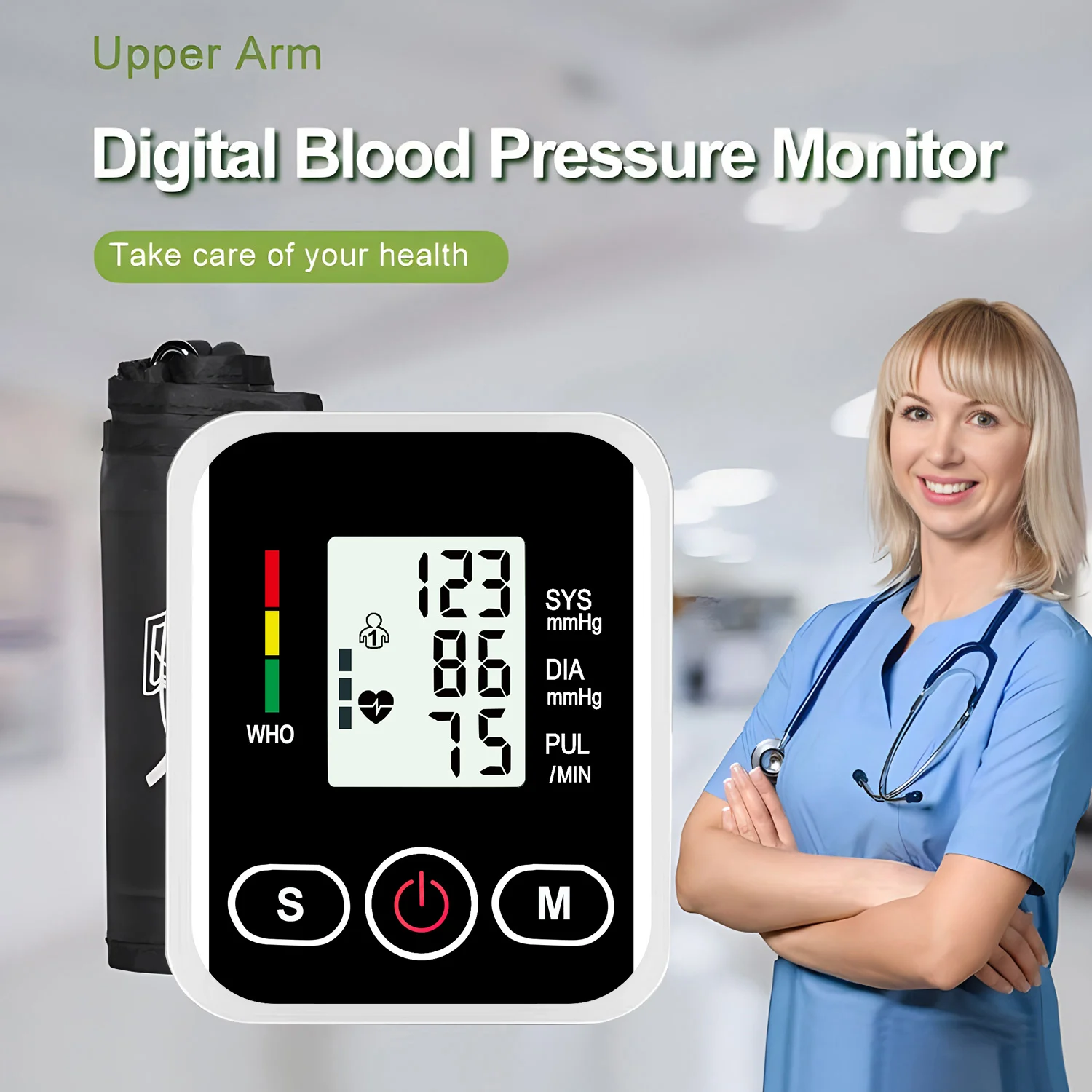 Aparelho de medição da pressão arterial, para uso no braço, monitor digital de pressão arterial, esfigmomanômetro automático, medidor de pulso. Utiliza cabo USB ou pilhas.
