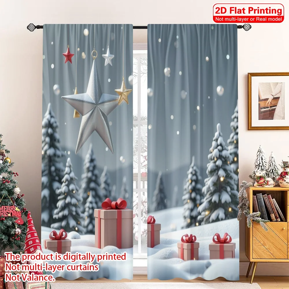 

2pcs 2D flat printing Christmas Drapes Christmas Star Gift Snow Trees Polyester Without Electricity Festive Wall Decor Perfect