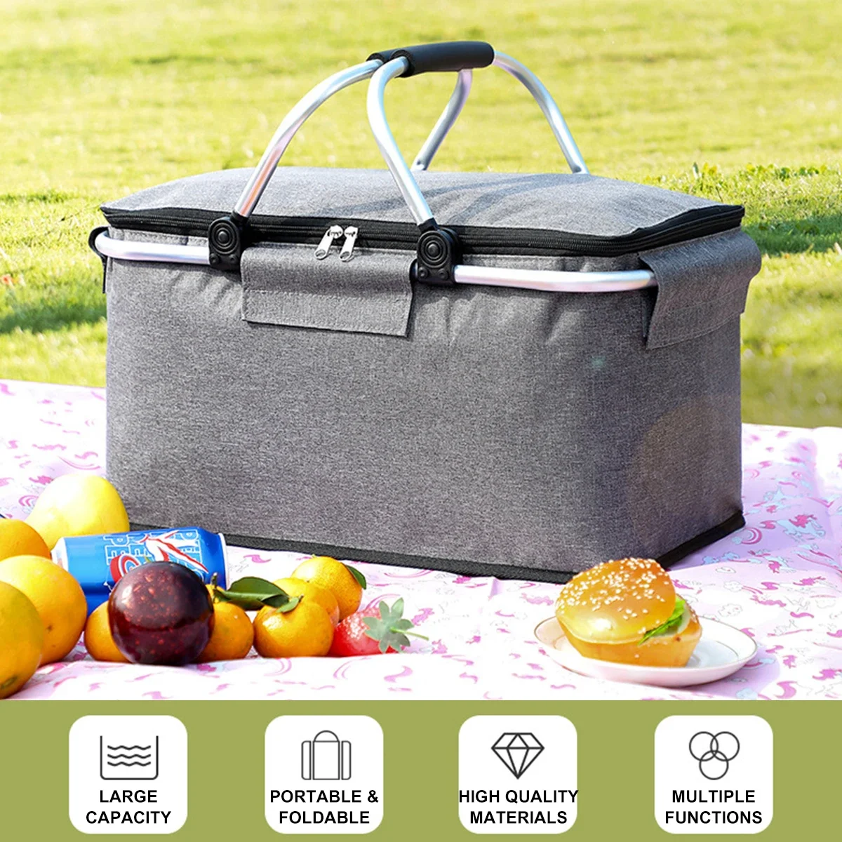 

Foldable Picnic Basket Waterproof Cooler Insulated Oxford Cloth Frame Handles Shopping Basket For Outdoor Camping Meal Dining