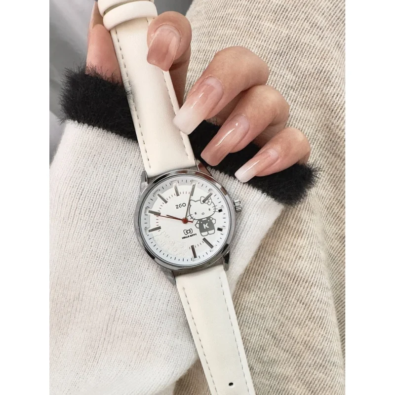 ZGO Sanrio Hello Kitty Women's Watch, Leather Strap, Fashionable and Versatile White Waterproof Quartz Watch, Gift 2179