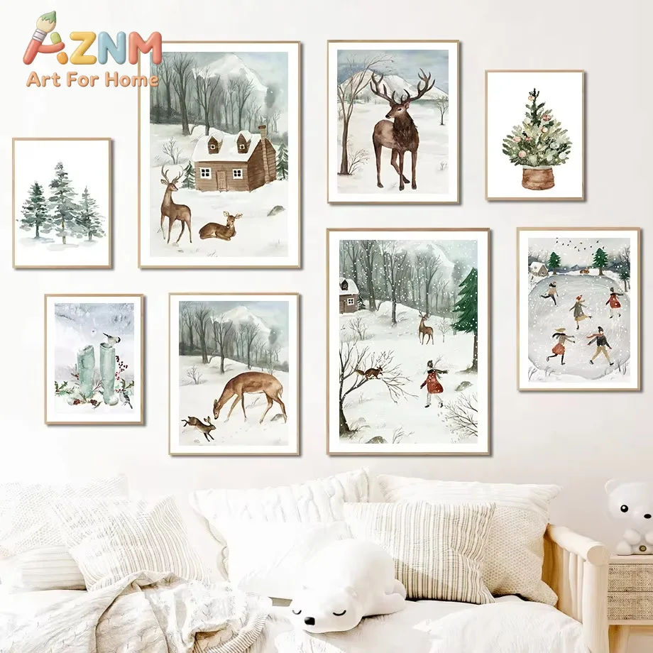 Deer Rabbit Bird Christmas Pine Tree Winter Wonderland Wall Art Canvas Painting Posters And Prints Wall Pictures Kids Room Decor