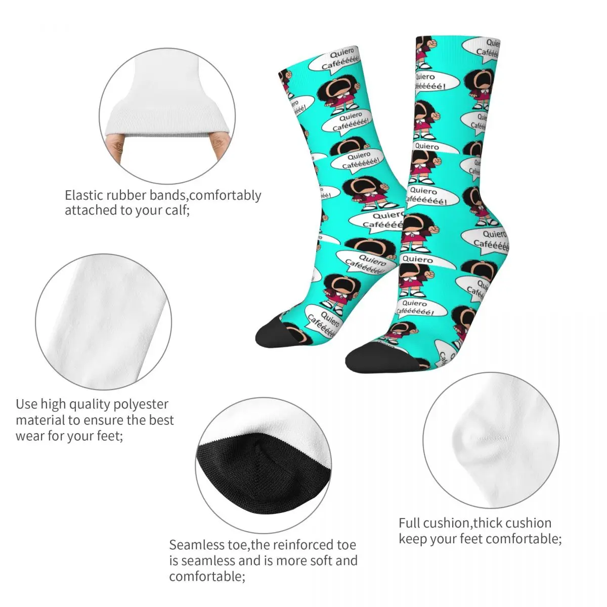 Funny Mafalda Coffee Cartoon Basketball Socks Polyester Middle Tube Socks for Women Men Sweat Absorbing