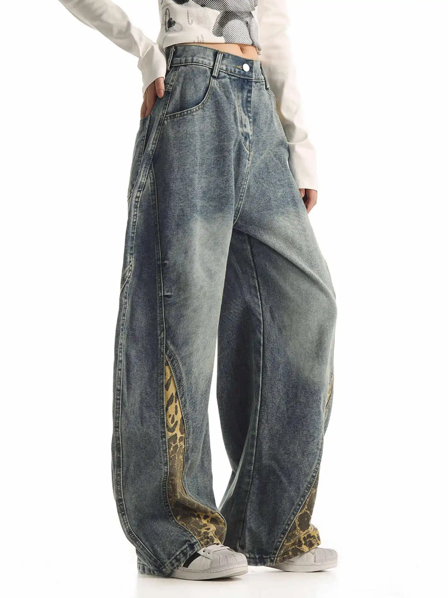 Men's Leopard Print Patchwork Blue Jeans Wide Leg Retro Sweatpants Young Boys Casual Trousers Trendy Male Loose High Waist Pants