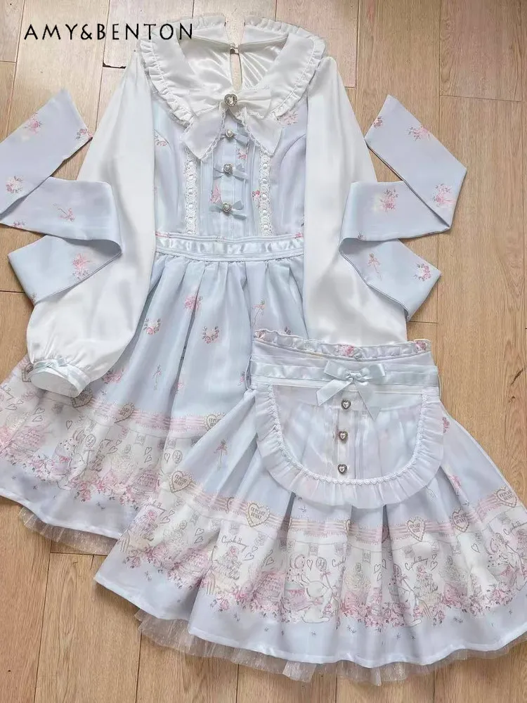 

Платье Лолиты в японском стиле, милый кукольный воротник, бант, принт кролика, мини-платье с длинными рукавами, пышная юбка с высокой талией, комплект из двух предметов