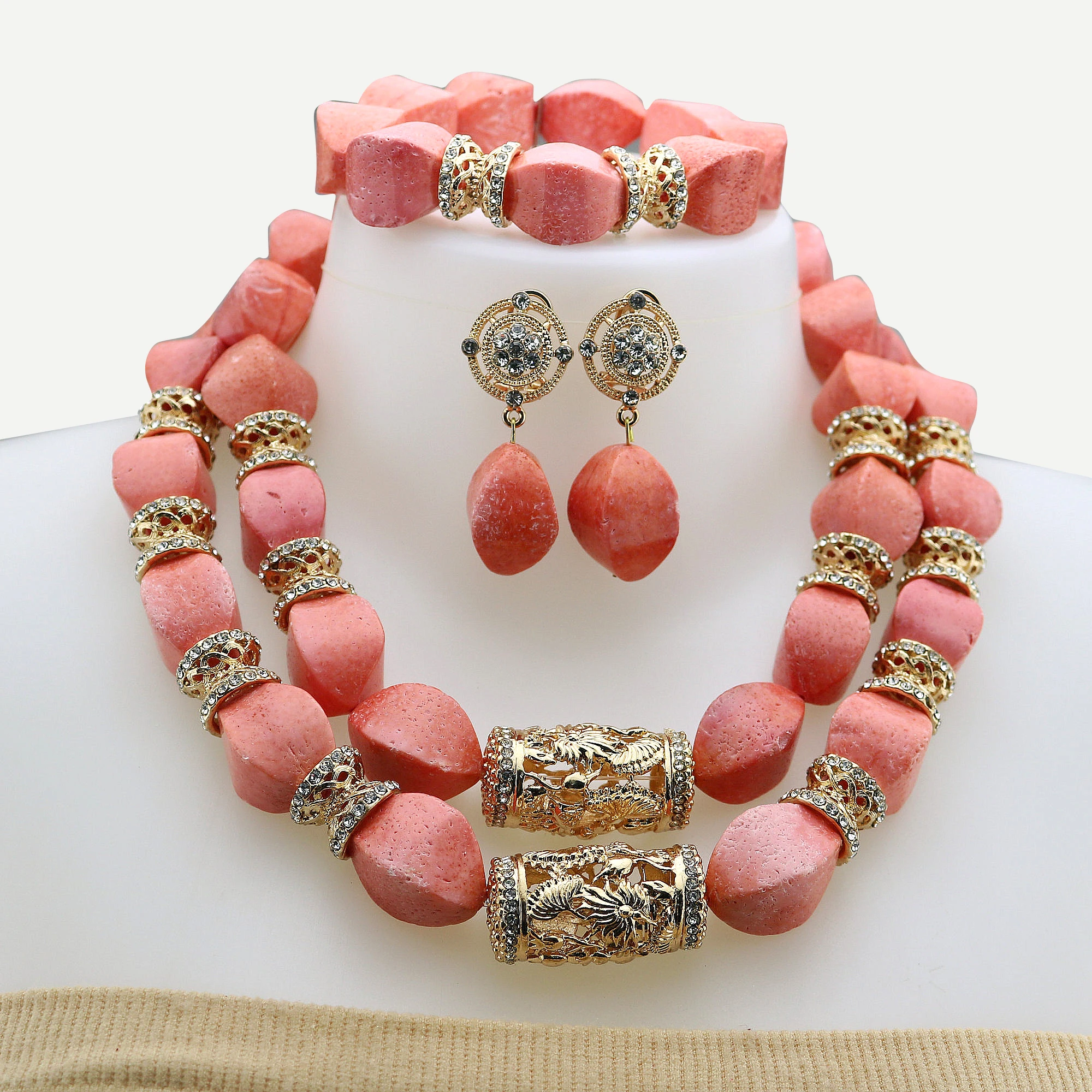 

Pink African Natural Coral Bead Jewelry set Original Coral Jewelry Nigerian jewelry set bridal gift For Women Wedding