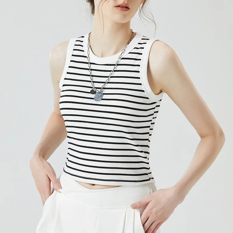 

2026 Summer Thin Cotton Striped Minimally Short Bra Cup Integrated Tank Top for Women