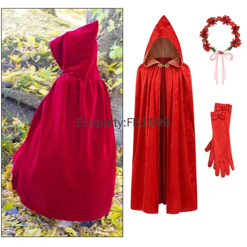 Kids Little Red Riding Hood Costume Cloak Girls Red Velvet Princess Cosplay Shawl Cape Wreath Glove Suit Childs Halloween Outfit