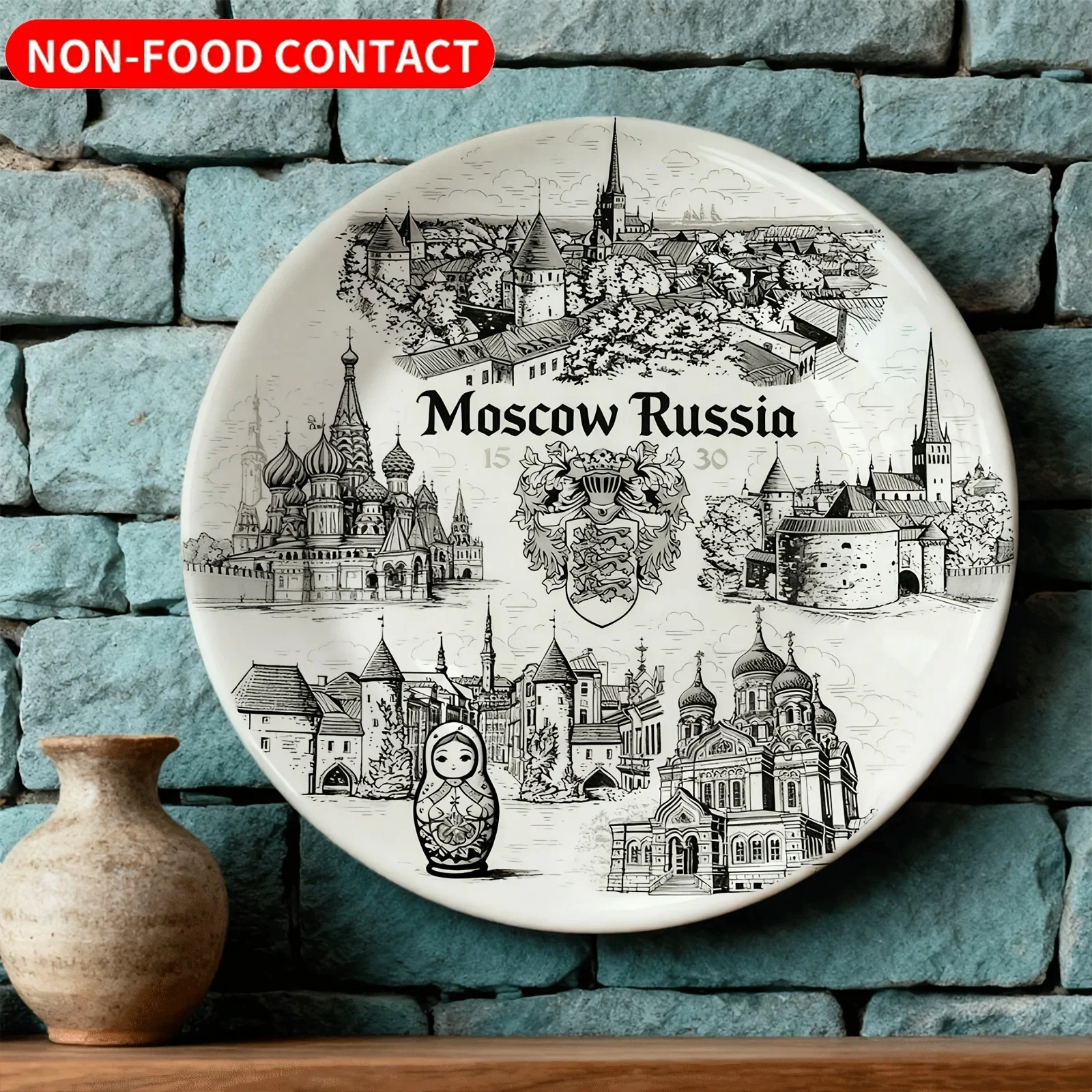 1pc Moscow Russia Decorative Plate - Matryoshka Dolls, Churches & Buildings Design, Non-Food Contact Ceramic Wall Art for Home,