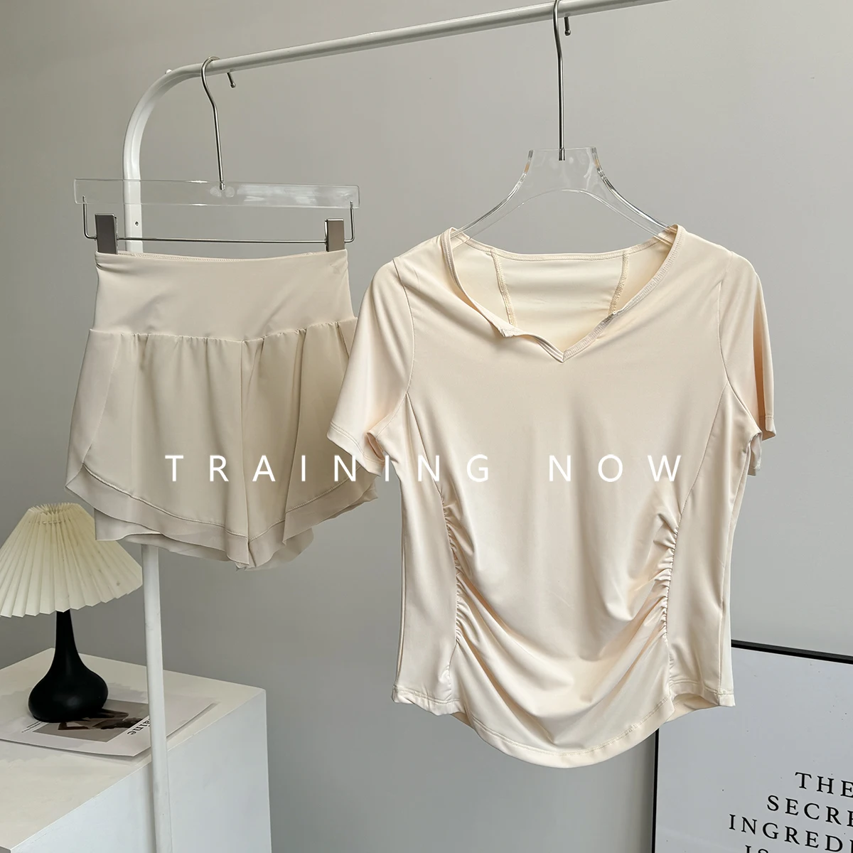 

Свободный повседневный спортивный костюм для женщин, летний дышащий костюм для бега, йоги, с короткими рукавами, быстросохнущий костюм для фитнеса для пилатеса