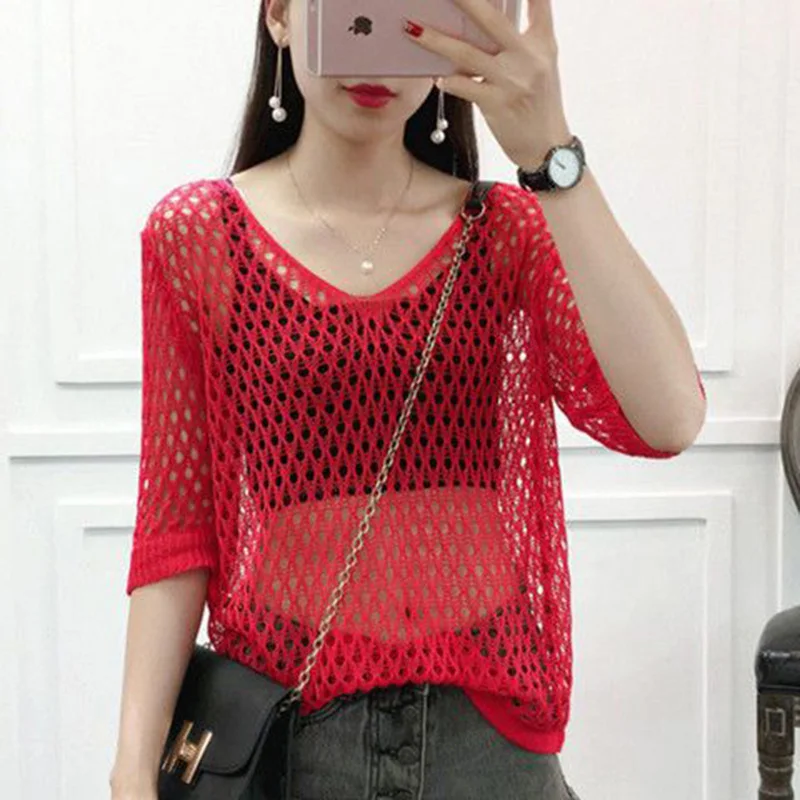 Fashion V-Neck Knitted Solid Color Hollow Out Blouse Women\'s Clothing 2023 Summer New Casual Pullovers Tops Loose Commute Shirt