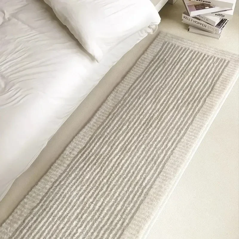 Rug for Bedroom Bedside Floor Mat Long Carpet Beige Minimalist Striped Home Decoration Rugs Living Room Carpets Soft Fluffy