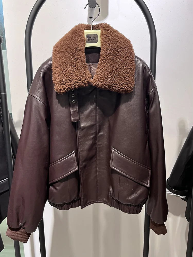 

New Goose Down Jacket Natural Genuine Sheepskin Leather Jacket Merino Sheep Fur Collar Coat Women's Luxury Female Puffer Coats