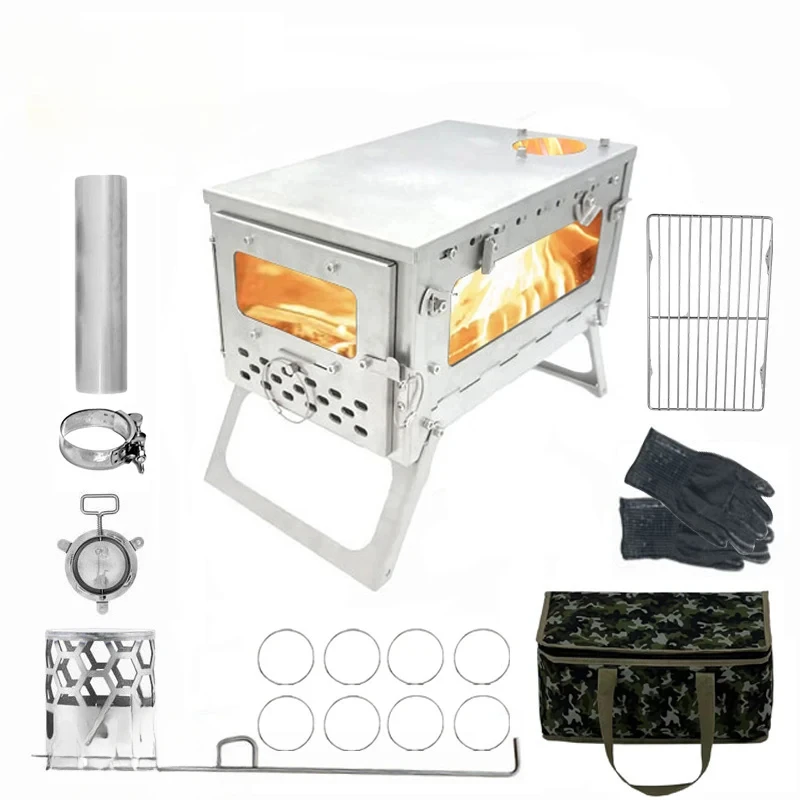 Smilodon-Folding Stainless Steel Firewood Stove Portable Camping Tent Stove with Chimney Wood Burner Furnace Tourism Brazier