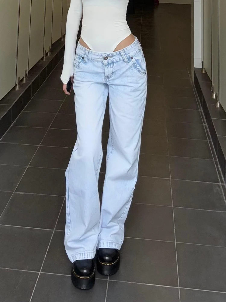 

Retro American Washed Light Blue Jeans High Waist Straight Leg Floor Length Slimming Women's Summer New Style Versatile Jeans
