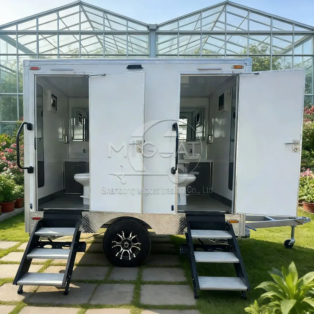 Towed Portable Bathroom Trailer 2-Compartment Restroom Unit with Plumbing for Camping Festival Temporary Use