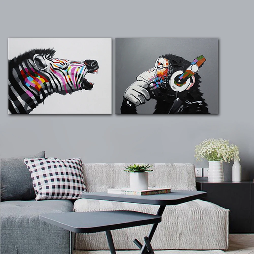 Mintura Handpainted Colorful Zebra Oil Painting on Canvas,Pop Art,Cartoon Animals Poster,Wall Picture,Room Decoration,Home Decor